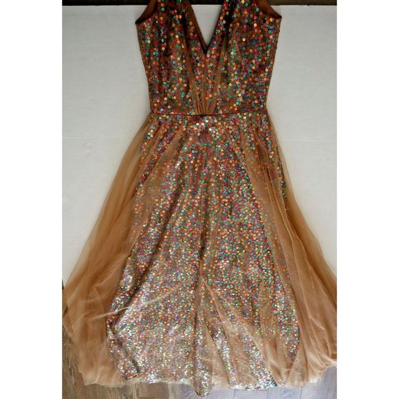 Dress The Population Sz XS Nude/Multi Ensley Sequin Embroidered Tulle Dress $298 - Picture 8 of 13